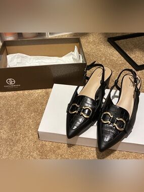 Giani Bernini Black Faux-Croc Pointed Slingback Mules with Gold Hardware